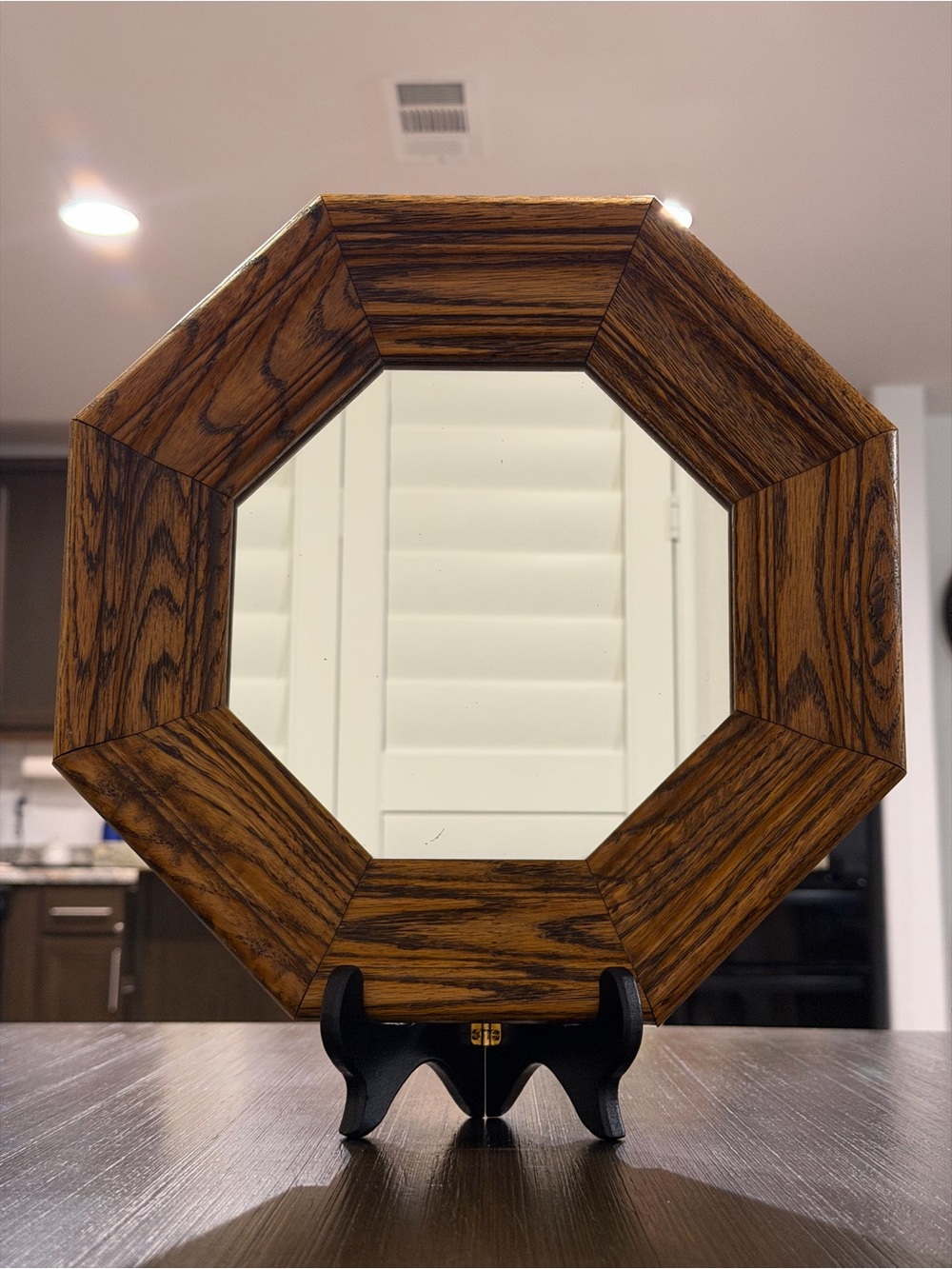 Vintage 12" Solid Oak Octagonal Mirror - Mid Century Retro Accent